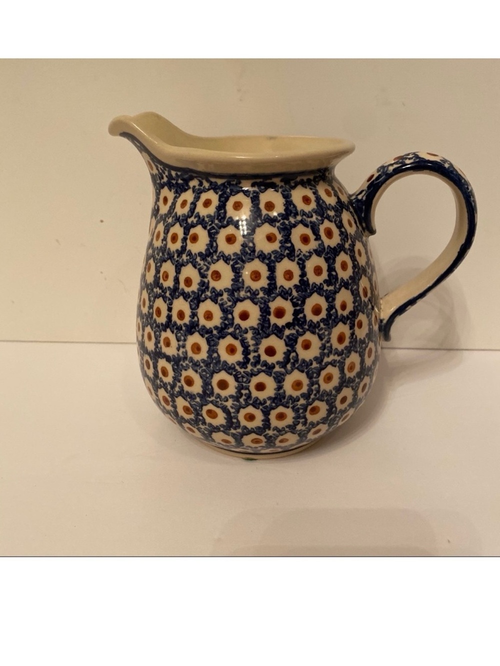 POLISH POTTERY VINTAGE PITCHER BLUE WHITE POLAND HANDMADE HOME DINING SERVEWARE